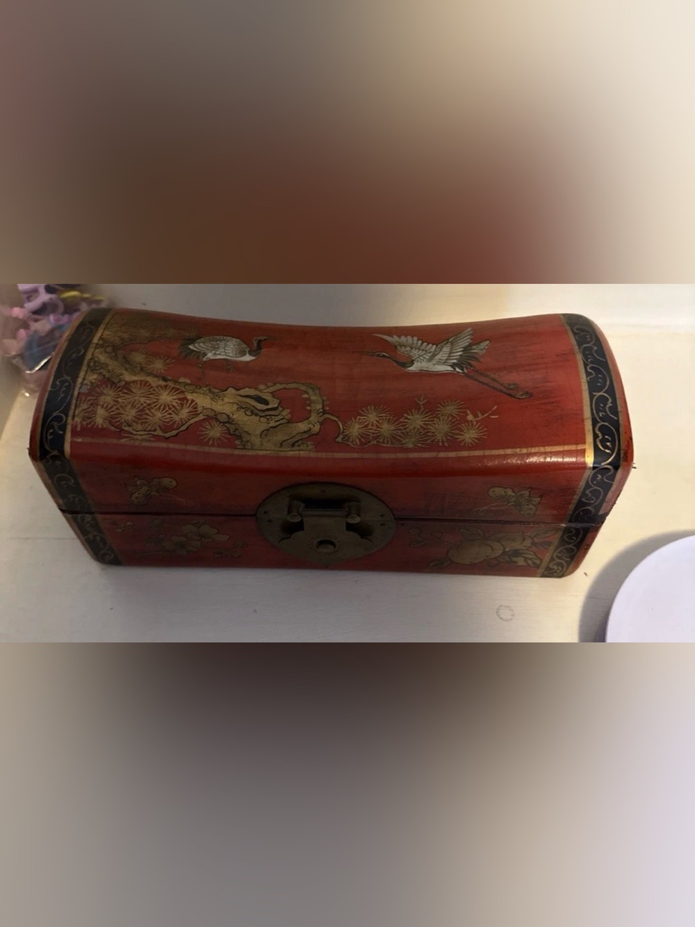 Vintage Antique Rare Chinese Pillow Box Hand Painted Lacquered Leather Asian